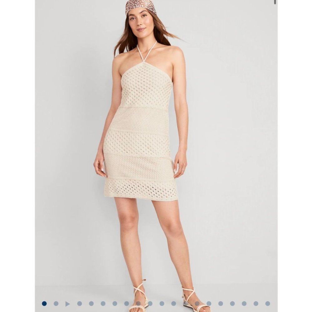 New Old Navy Halter Tie Strap Crochet Mini Dress Sleeveless Beige Small Womens